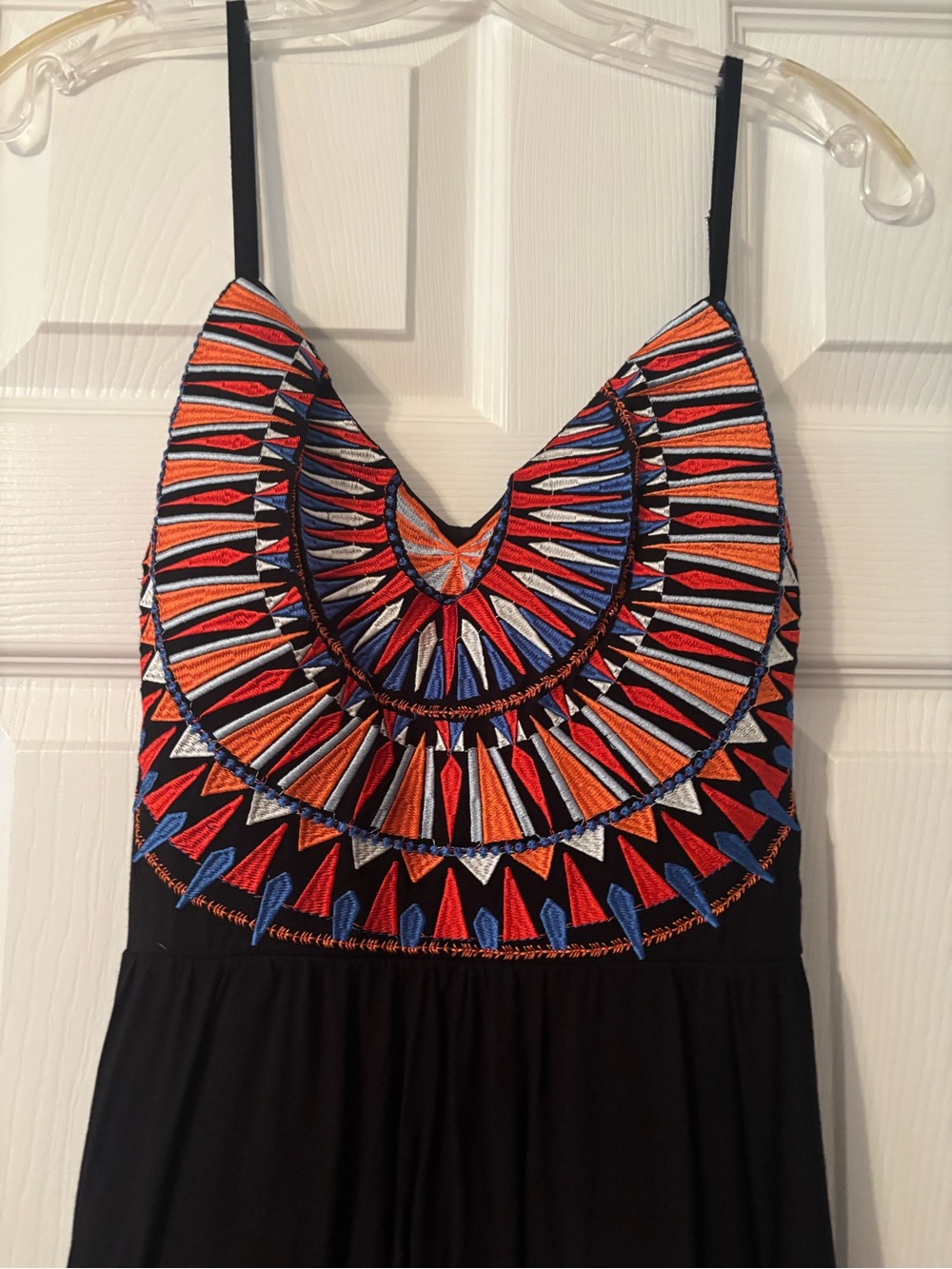 Soieblu Black Adjustable-Strap Maxi Dress with button at open back.
